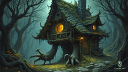 In an enchanted, shadowy forest, Baba Yaga's hut perches eerily atop spindly, sinewy chicken legs. The weathered, moss-covered wooden walls are inscribed with pulsing runes, while glowing mushrooms scatter across the twisted, root-choked forest floor, casting an ethereal light that deepens the mystical allure.