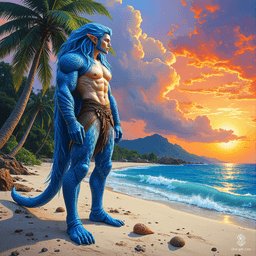 A unique ranger with a striking appearance, this half-aquatic elf possesses the upper body of a blue-skinned Triton and the lower half of a sleek fish, complete with scaly legs and webbed feet. His keen eye and ranger gear make him a master of tracking both land and sea.