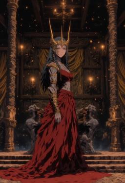 An elegant young Queen of the woods stands regally beside her throne of twisted branches, her bark-like skin glowing softly under volumetric light beams. Draped in a red spider silk gown adorned with orchid blossoms, her crown of branches and tree-trunk limbs embody her arboreal majesty.