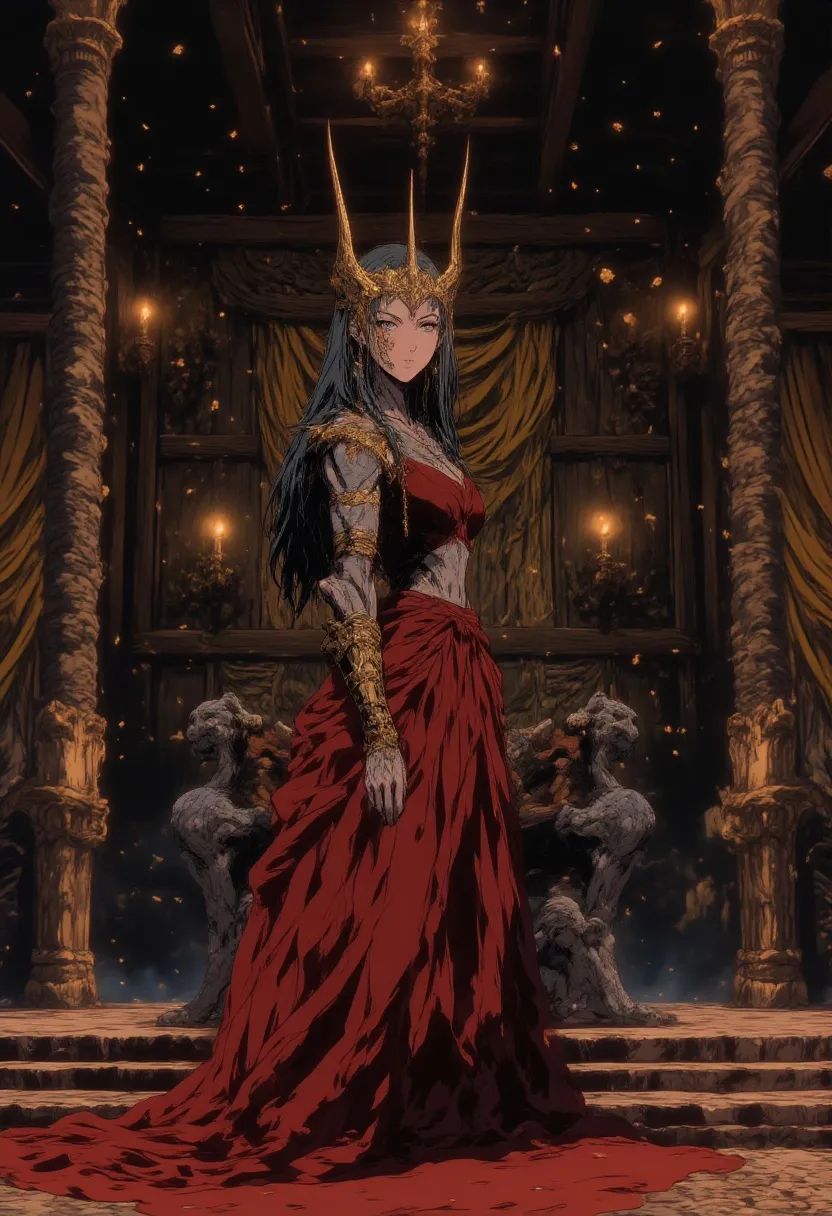 An elegant young Queen of the woods stands regally beside her throne of twisted branches, her bark-like skin glowing softly under volumetric light beams. Draped in a red spider silk gown adorned with orchid blossoms, her crown of branches and tree-trunk limbs embody her arboreal majesty.