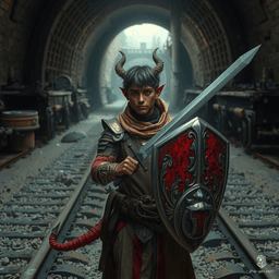 Eremiel, a noble and wise 17-year-old pacifist paladin with distinct red skin and yellow eyes, was raised by clerics after being abandoned as a baby. A tiefling with human features, he wields a longsword and shield. Despite his devil-like appearance, his unwavering faith and charm mark his dedication to protecting his temple.