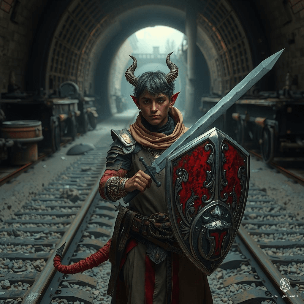 Eremiel, a noble and wise 17-year-old pacifist paladin with distinct red skin and yellow eyes, was raised by clerics after being abandoned as a baby. A tiefling with human features, he wields a longsword and shield. Despite his devil-like appearance, his unwavering faith and charm mark his dedication to protecting his temple.