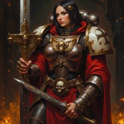A fierce female paladin stands resolute in cracked crimson and brass power armor, adorned with gothic etchings. Her plated gauntlets grasp a massive warhammer, while her helmet rests at her hip. The swirling golden embers in the dark ruin backdrop hint at an epic battle yet to come.