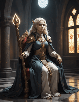 Loralyn, a serene Aasimar monk and baroness, emanates celestial grace in her medieval throne room. With radiant golden skin, pupil-less glowing eyes, and a disciplined posture, she embodies wisdom and strength. Clad in celestial-adorned robes and wielding a luminous quarterstaff, she prepares to confront the encroaching evil fey.