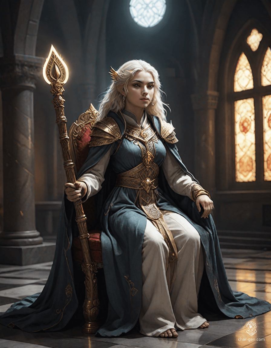Loralyn, a serene Aasimar monk and baroness, emanates celestial grace in her medieval throne room. With radiant golden skin, pupil-less glowing eyes, and a disciplined posture, she embodies wisdom and strength. Clad in celestial-adorned robes and wielding a luminous quarterstaff, she prepares to confront the encroaching evil fey.