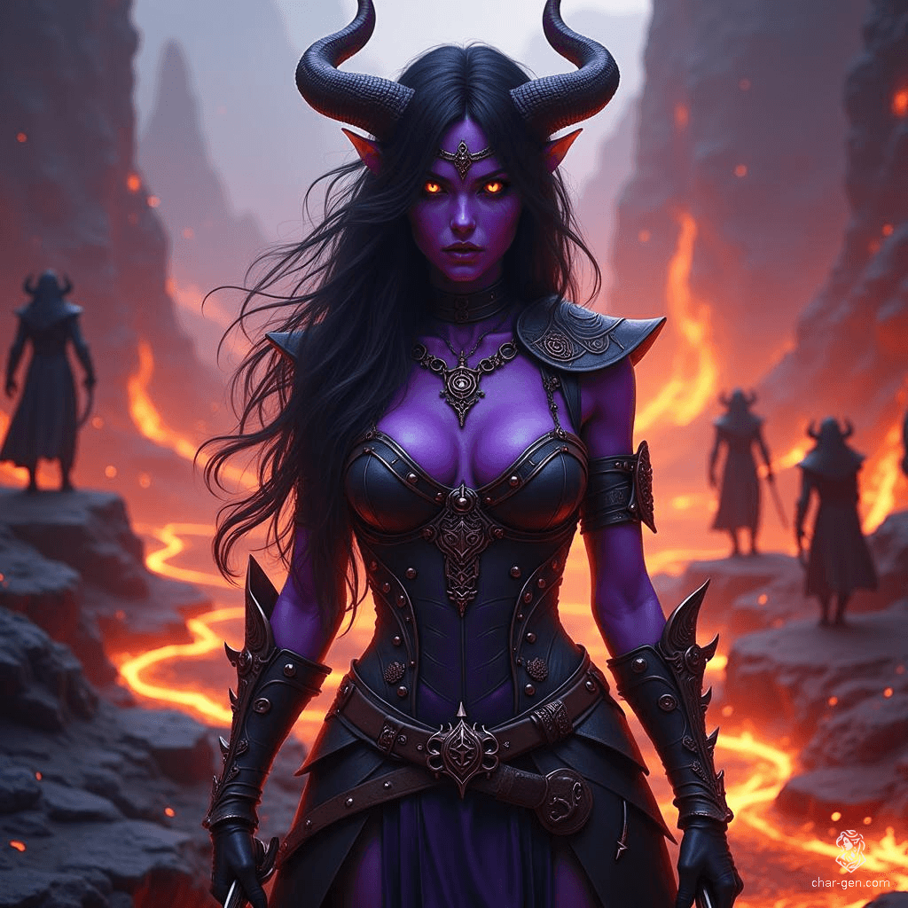 Criella The Fallen, a cunning half-human tiefling warlock, stands at 6 feet tall with striking purple skin and jet-black hair. Dagger in hand, she radiates arcane power, charming yet chaotic. A product of a harsh mentor, she fiercely values her independence but won’t hesitate to flee when danger looms.