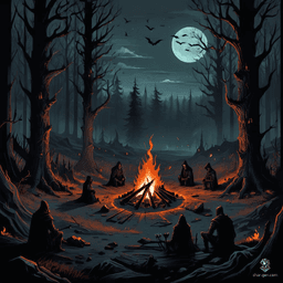 A chilling, dark fantasy landscape: a fall forest cloaked in night, where skeletal trees cast deep shadows. A distant campfire flickers, illuminating ghostly figures huddled around, creating an eerie atmosphere with intricate gothic details and hauntingly beautiful, muted colors.
