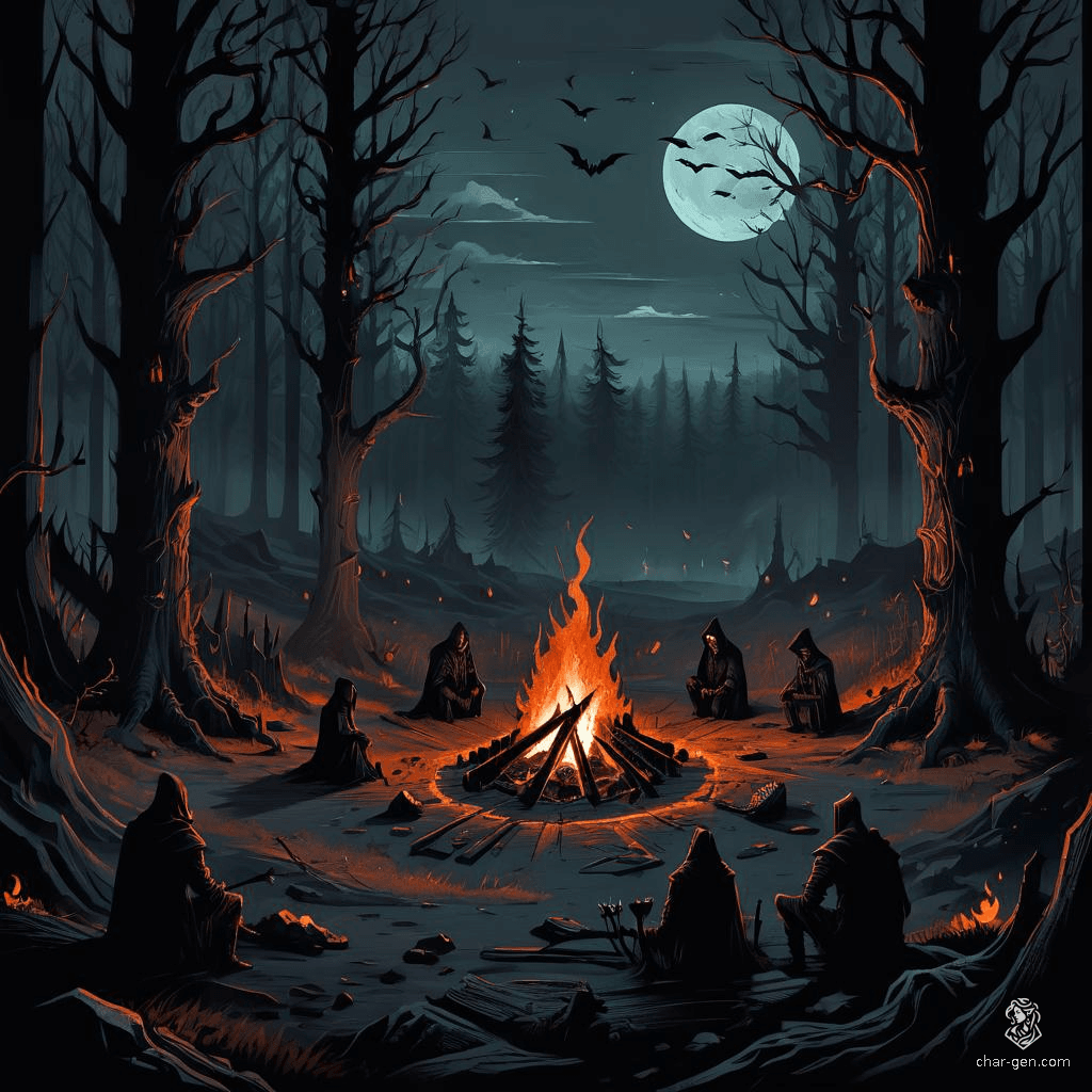 A chilling, dark fantasy landscape: a fall forest cloaked in night, where skeletal trees cast deep shadows. A distant campfire flickers, illuminating ghostly figures huddled around, creating an eerie atmosphere with intricate gothic details and hauntingly beautiful, muted colors.