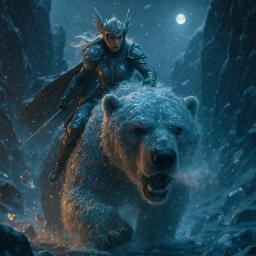 An ice-armored valkyrie rides a colossal white war-bear through a blizzard-whipped fjord gate, her breath crystallizing the frosty air. Bathed in moonlight with razor-sharp icy textures, she charges fiercely amidst shattered ice floes in a cinematic, ultra-realistic fantasy tableau.