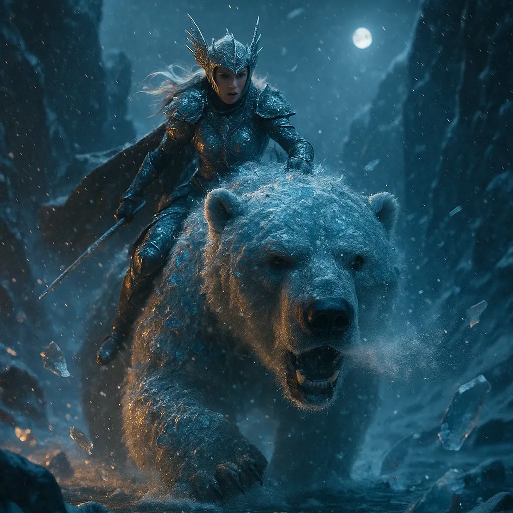 An ice-armored valkyrie rides a colossal white war-bear through a blizzard-whipped fjord gate, her breath crystallizing the frosty air. Bathed in moonlight with razor-sharp icy textures, she charges fiercely amidst shattered ice floes in a cinematic, ultra-realistic fantasy tableau.