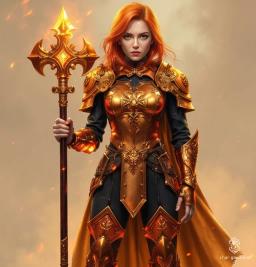 Amelia is a poised young cleric clad in gleaming copper armor adorned with glowing runes and divine symbols. Her light orange hair contrasts her sleek black leotard as she wields a magical mace, radiating mystical energy with serene determination and heroic devotion.