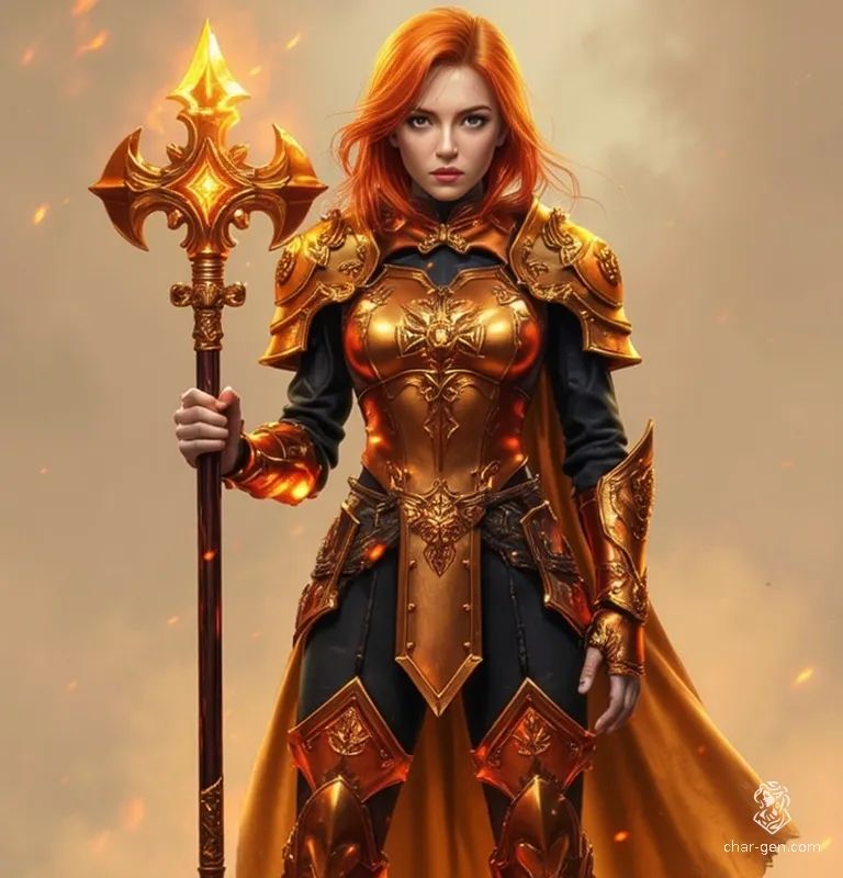 Amelia is a poised young cleric clad in gleaming copper armor adorned with glowing runes and divine symbols. Her light orange hair contrasts her sleek black leotard as she wields a magical mace, radiating mystical energy with serene determination and heroic devotion.
