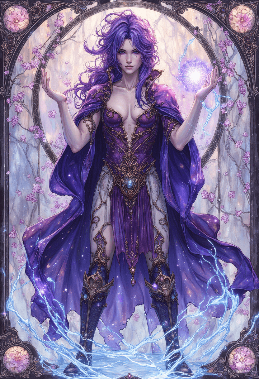 In a stunning art nouveau panorama, a slender male figure stands in an icy field, draped in an elaborate dark blue robe. His glowing violet eyes and dark purple hair dance in the wind, as he conjures magic from his hands, embodying the harmony of nature and mystique.