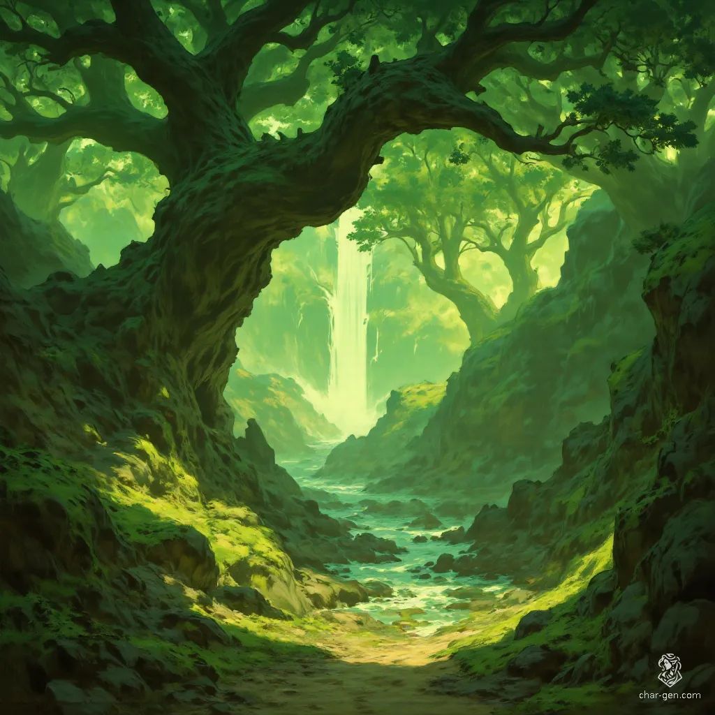 In a vibrant medieval forest, towering oak and pine trees create a dense canopy overhead, filtering dappled sunlight onto a fern-covered floor. A winding dirt road meanders through this enchanted realm, while a babbling brook sparkles under a soft, luminous glow, wrapping the landscape in a mystical ambiance.
