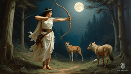 Artemis, a poised and graceful elven ranger, stands ready to release an arrow from her intricately crafted ivory bow. With jet-black hair knotted elegantly, she exudes strength and fluidity. Her alabaster skin glows in the moonlight, complemented by a white Grecian chiton adorned with symbols of the hunt.