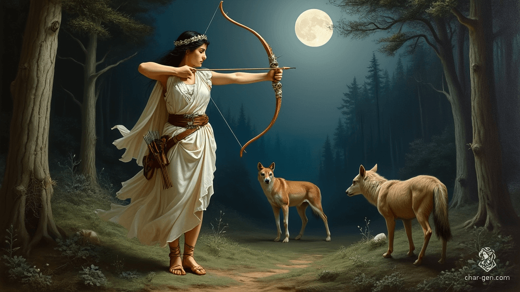 Artemis, a poised and graceful elven ranger, stands ready to release an arrow from her intricately crafted ivory bow. With jet-black hair knotted elegantly, she exudes strength and fluidity. Her alabaster skin glows in the moonlight, complemented by a white Grecian chiton adorned with symbols of the hunt.