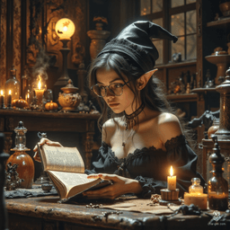 Maryam is a charming older elf and forensic medicine investigator, with tanned skin and bright topaz eyes that hint at her wisdom. Her flowing, tea-colored hair, streaked with grey, is neatly tied back. Dressed in practical renaissance-inspired attire, she exudes competence in her cozy alchemical lab, surrounded by potions and mystical tools, while a ghostly spider familiar hovers nearby, adding a touch of whimsy to her inquisitive nature.