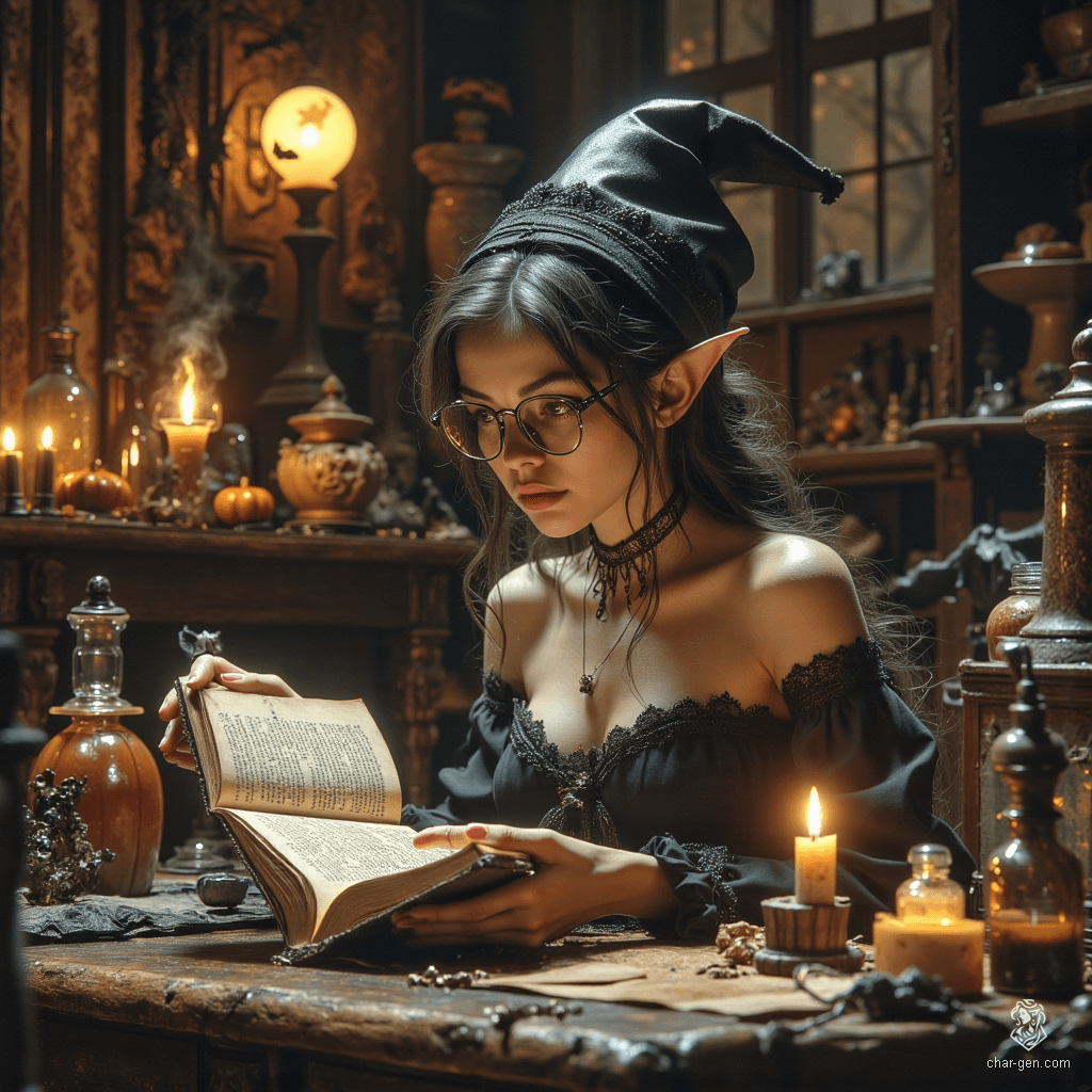 Maryam is a charming older elf and forensic medicine investigator, with tanned skin and bright topaz eyes that hint at her wisdom. Her flowing, tea-colored hair, streaked with grey, is neatly tied back. Dressed in practical renaissance-inspired attire, she exudes competence in her cozy alchemical lab, surrounded by potions and mystical tools, while a ghostly spider familiar hovers nearby, adding a touch of whimsy to her inquisitive nature.