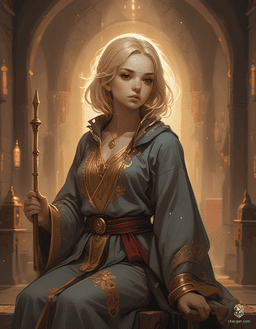 Loralyn, a serene Aasimar monk and baroness, radiates divine presence in her dimly lit throne room. With glowing golden eyes and subtly radiant grey skin, she commands respect. Clad in a modest robe adorned with celestial symbols, she wields a quarterstaff, ready to confront the encroaching evil fey.