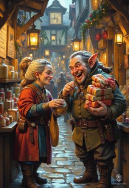In a vibrant medieval marketplace, a half-elf woman in a striking crimson cloak haggles over trinkets, clutching a bag of coins. Beside her, a human man juggles wrapped gifts, as snowflakes dance through warm golden lantern light, enveloping the scene in festive warmth.