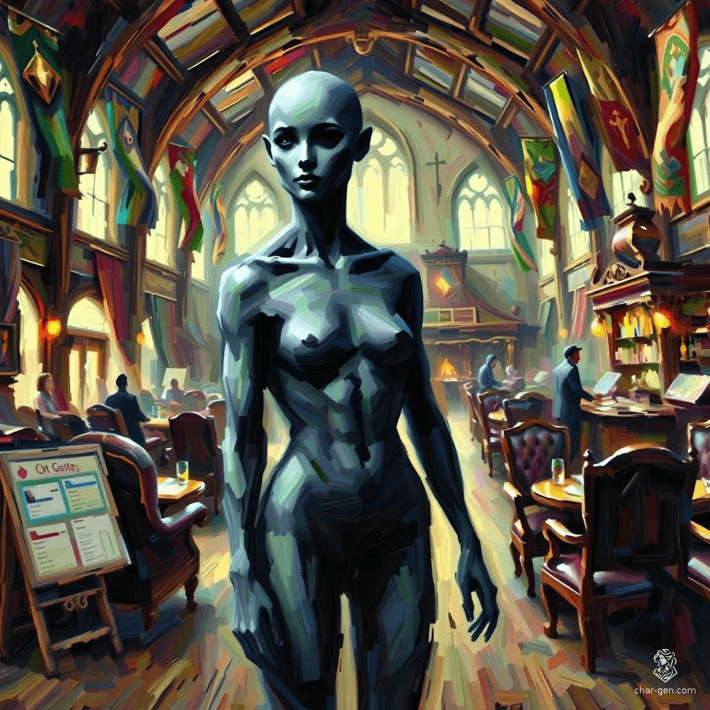 A featureless, dark-skinned humanoid with pale, smooth texture, capable of morphing its appearance to mimic others. This dark-skinned doppelganger possesses a haunting, female silhouette, seamlessly shifting forms to deceive and bewilder.