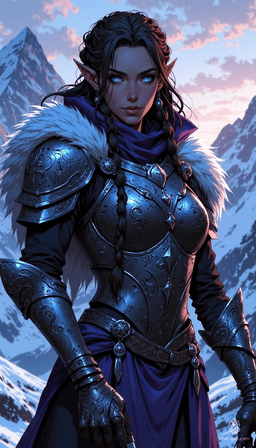 A fierce female Elf warrior stands poised in a rugged Nordic landscape, featuring pale skin, braided dark brown hair, and piercing ice-blue eyes. Clad in sleek silver and black armor with runic engravings, she wields an elegant longsword, ready to defend her realm against encroaching darkness.