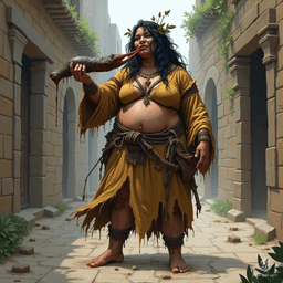 In a dilapidated town, a mocha-skinned barbarian relishes her feast—an oversized blackened animal leg dripping with grease. Her wild, unkempt hair intertwines with foliage, while tattered robes cling to her ashy skin. A look of pure contentment reflects her primal spirit amidst the ruins.