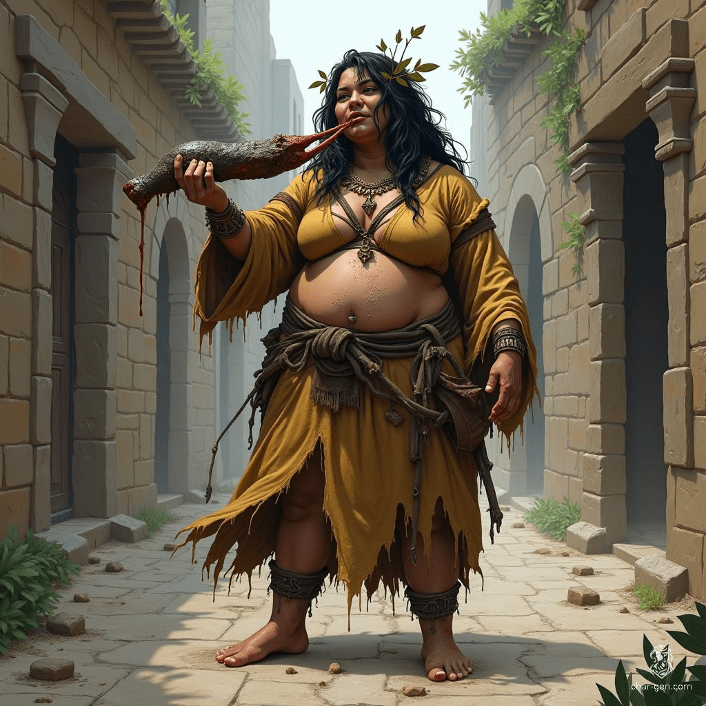 In a dilapidated town, a mocha-skinned barbarian relishes her feast—an oversized blackened animal leg dripping with grease. Her wild, unkempt hair intertwines with foliage, while tattered robes cling to her ashy skin. A look of pure contentment reflects her primal spirit amidst the ruins.