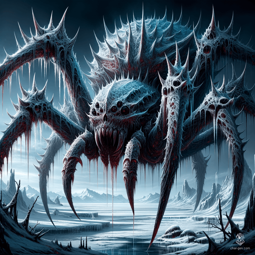 The colossal ice spider is an enormous arachnid with a venomous bite. Its skin exhibits a distinct bloodied texture that contrasts sharply, enhancing its fearsome appearance. This giant creature, standing at 1.5 times the size of a regular spider, is a nightmarish blend of cold and ferocity.