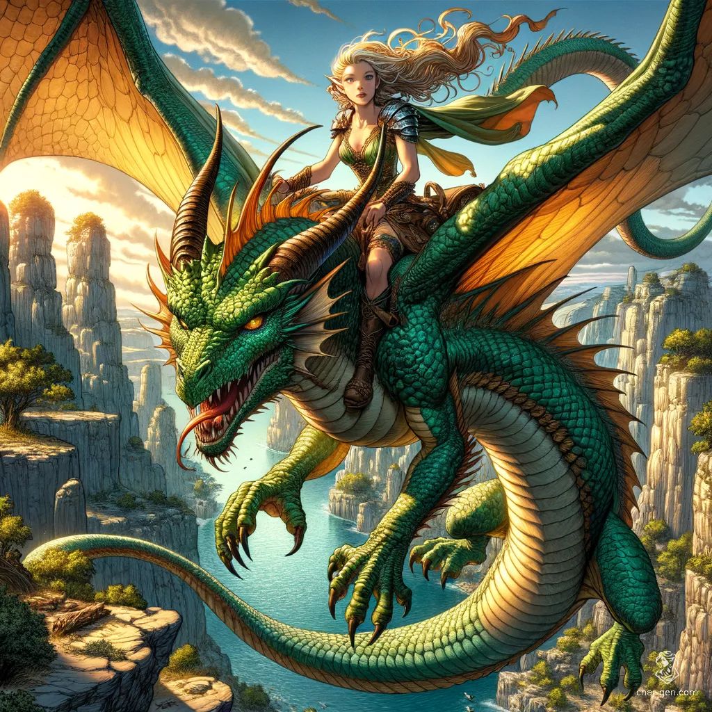 A 19-year-old half-elf maiden with long flowing copper hair rides a fearsome basilisk-dragon hybrid, a winged reptile adorned in thick emerald scales. With a serpent-like head and petrifying glare, this deadly duo commands the rocky terrain, striking terror with venomous fangs and sharp teeth.