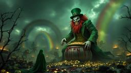 At the end of a blood-stained rainbow lies a grotesque Leprechaun, his pale skin and wild red hair contrasting with his wicked Joker-like grin full of sharp teeth. Dressed in a refined green suit and top hat, he menaces from atop a shimmering pot of gold, embodying a sinister twist on folklore.