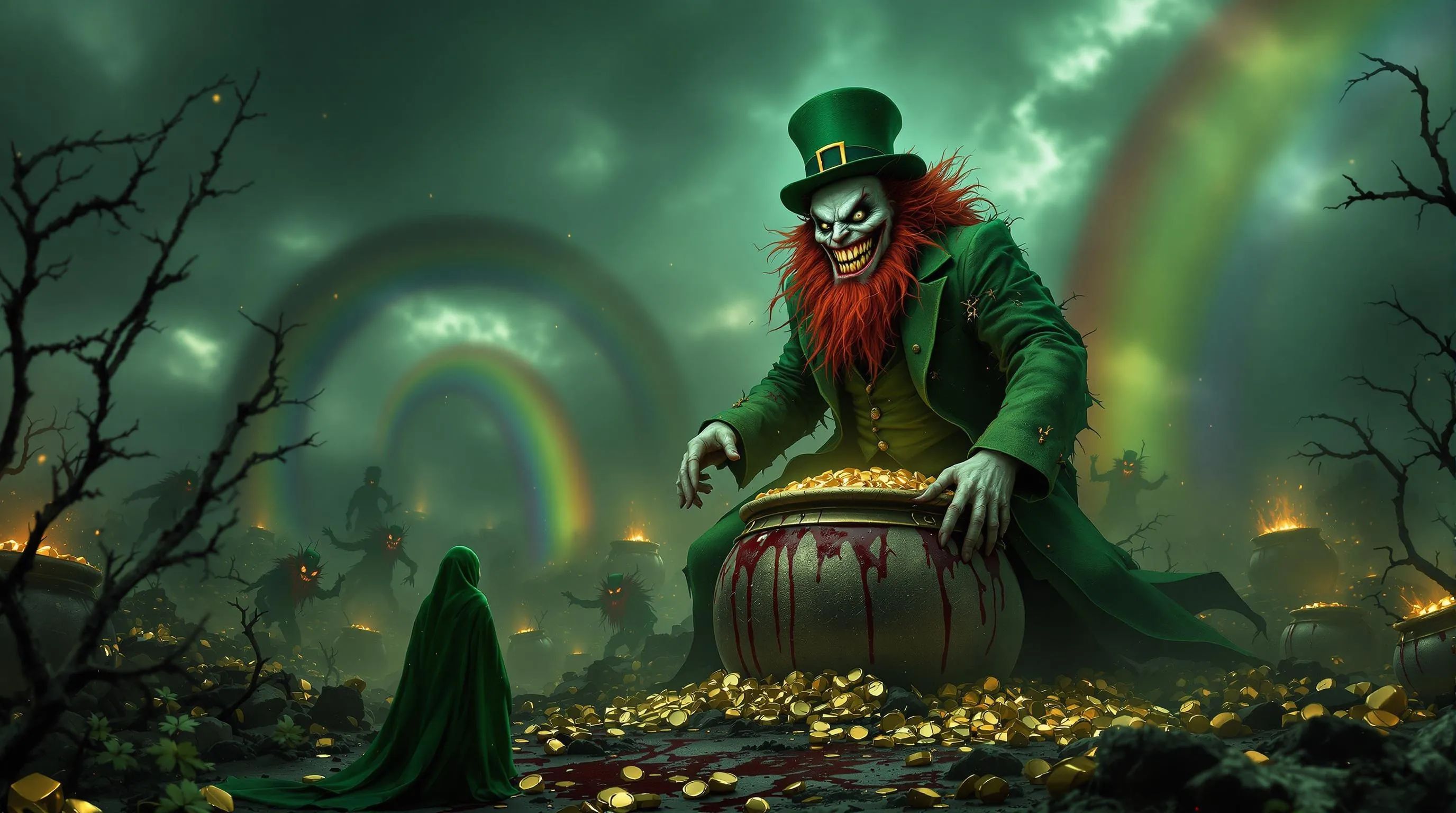 At the end of a blood-stained rainbow lies a grotesque Leprechaun, his pale skin and wild red hair contrasting with his wicked Joker-like grin full of sharp teeth. Dressed in a refined green suit and top hat, he menaces from atop a shimmering pot of gold, embodying a sinister twist on folklore.