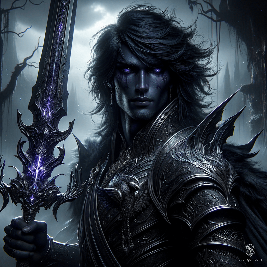 A male Shadar-kai paladin, he embodies an unsettling elegance with raven hair and obsidian eyes set against his stark white skin. Cloaked in dark armor, he emanates a dignified aura, standing resolute in his loyalty to the Raven Queen, a protector forged in shadows.