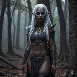 A very dark-skinned drow monk with long, bright white hair and striking purple eyes. Her toned physique and fluid posture exude calmness, sharply contrasting her dark skin. This female dark elf's serene expression captivates with an air of enigmatic tranquility.