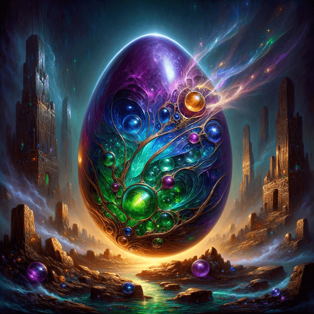 The Egg of Mythrask is a legendary relic, a massive three-foot tall, ever-changing sphere. Its smooth, glass-like surface unfolds a dance of violet, emerald, and sapphire hues upon light's touch. Pulsating with arcane energy and releasing wild magic flickers, it hums with power, subtly bending reality’s fabric around it.