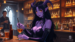 A striking, tall Tiefling bartender with deep violet skin and glowing amber eyes. Her elegantly curved horns, adorned with silver rings, complement her cascading jet-black hair. Wearing a form-fitting leather bodice and flowing skirt, she expertly mixes drinks with long, graceful fingers, captivating the lively patrons.