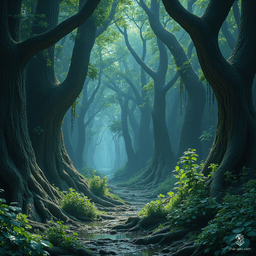 The Forest of Lost Echoes envelops visitors in an enchanting twilight, where towering ancient trees, draped in luminescent moss and curling vines, create an air of mystery. Each vibrant leaf whispers forgotten secrets, while a melancholic fragrance lingers, deepening the forest's shadowy allure.