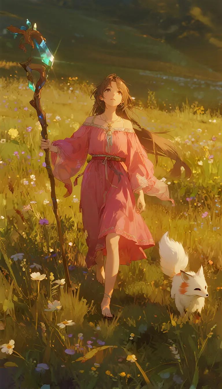 At dawn, a barefoot woman in a loose rose dress wanders a misted wildflower meadow, a staff topped with a glowing crystal in hand. A small white fox spirit trots beside her as golden light picks out ultra-detailed petals and fabric, lending a tranquil, mythic air.
