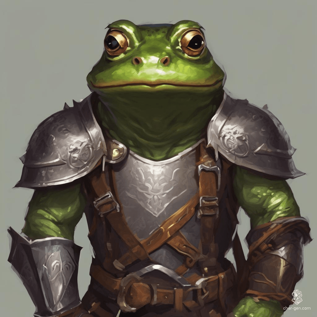A small, thin male Grung paladin, clad in leather armor, balances his amphibious agility with noble charm. With a friendly demeanor and a heart of gold, he champions justice and loyalty, often leaping into action to defend the weak and uphold his values in a vibrant fantasy world.
