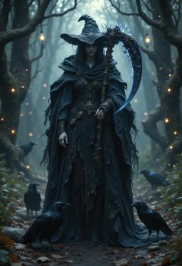 Branwen Umbra is a 230-year-old sorceress with alabaster, shimmering skin and swirling silver-black eyes. Once a captive of the Fey Courts, she now wanders the Sable Forest, cloaked in tattered black robes and wielding a scythe, her two ravens ever at her side.