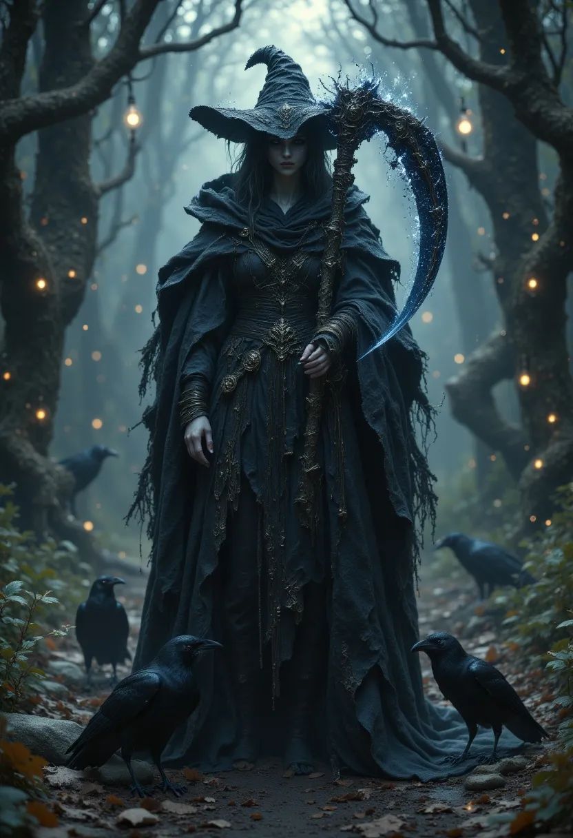Branwen Umbra is a 230-year-old sorceress with alabaster, shimmering skin and swirling silver-black eyes. Once a captive of the Fey Courts, she now wanders the Sable Forest, cloaked in tattered black robes and wielding a scythe, her two ravens ever at her side.