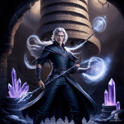 Ren Pendrix is a young male wizard in his mid-20s, with stubbled chin and long, flowy brown hair. Small rifts of time swirl around him, and his glowing blue eyes reflect his divine connection to the God of Time. A powerful scholar, he navigates reality with lawful neutrality, embracing the mysteries of arcane knowledge.
