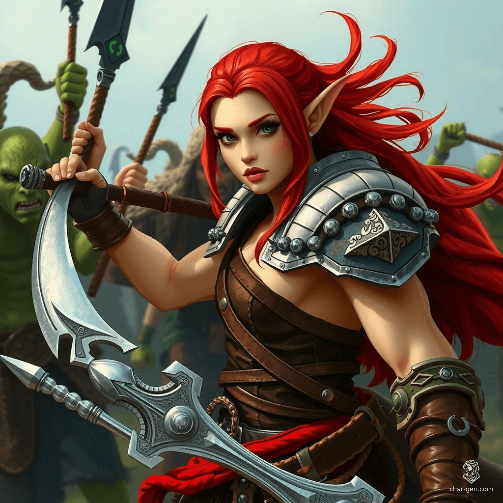 A fierce female elven barbarian with flowing red hair, muscles coiled for action, stands weaponless yet undaunted, facing a horde of orcs. Her intense gaze and lithe, battle-ready form evoke the vivid, heroic style of Boris Vallejo.