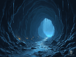 In this dark, oppressive cave, narrow tunnels wind through glistening stone walls. Stalactites hang ominously from low ceilings, while broken mining equipment litters the damp ground. Dim light reveals glittering mineral veins and black, stagnant pools, casting an eerie, foreboding atmosphere.