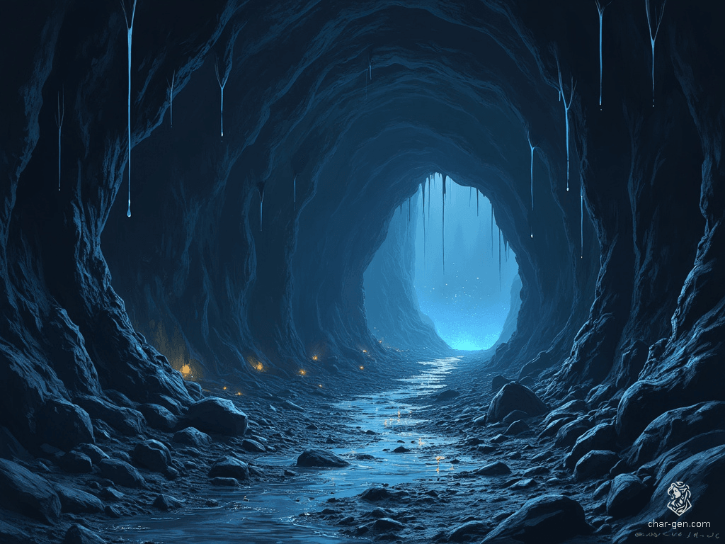 In this dark, oppressive cave, narrow tunnels wind through glistening stone walls. Stalactites hang ominously from low ceilings, while broken mining equipment litters the damp ground. Dim light reveals glittering mineral veins and black, stagnant pools, casting an eerie, foreboding atmosphere.