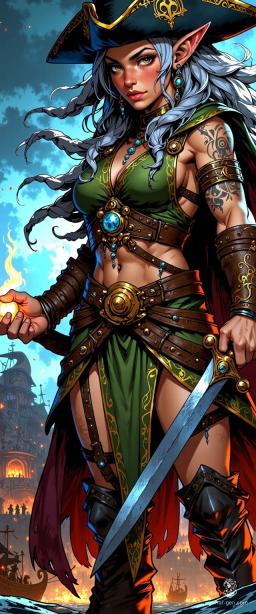Meet Thalina Emberforge, a fierce, olive-skinned dwarven pirate in her 50s, whose dreadlocks cascade beneath a weathered tricorn hat. With enchanted garments bearing arcane sigils, she wields both a cutlass and a magical tome, conjuring fireballs at sunset on the ship's deck, ever in pursuit of hidden treasure.