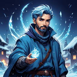 A human sorcerer clad in intricate winter attire, he wields formidable ice magic. With striking blue hair and a neatly trimmed beard, his vibrant, retro-futuristic anime appearance is both enchanting and powerful, embodying the essence of a master of frost.