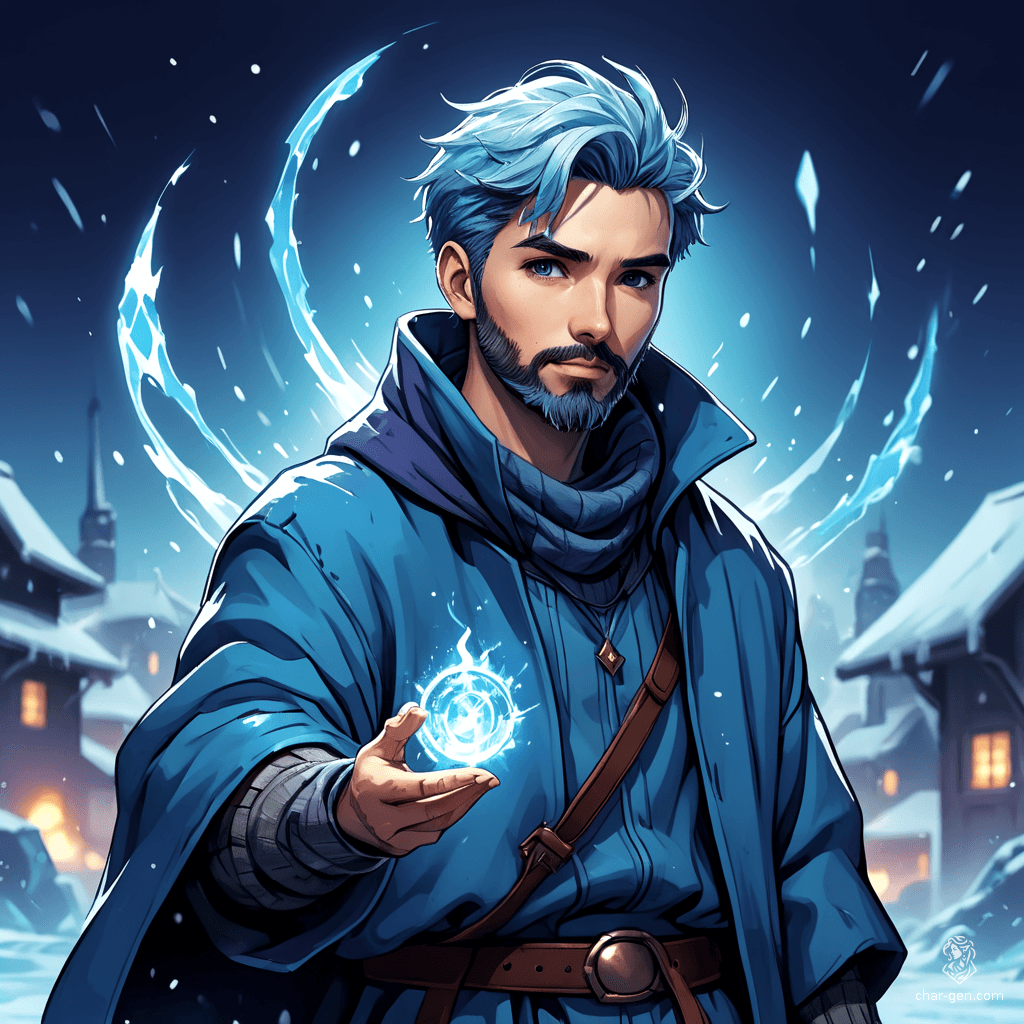 A human sorcerer clad in intricate winter attire, he wields formidable ice magic. With striking blue hair and a neatly trimmed beard, his vibrant, retro-futuristic anime appearance is both enchanting and powerful, embodying the essence of a master of frost.