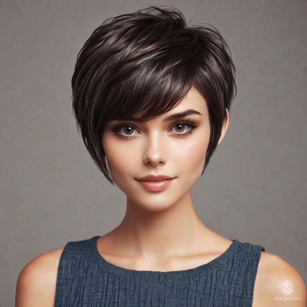 A fierce warrior of 30, this character sports a short, tousled dark pixie cut with a fringe framing her light complexion. Her striking light eyes convey a quiet intensity. Clad in brown leather armor, she wields a short sword in her left hand, accompanied by her loyal white dog.