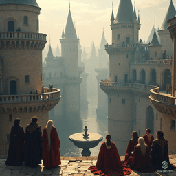 In a towering city of interconnected spires, Gallic-style nobles gather upon a lofty balcony, basking in winter sunlight. Amidst their quiet reflection, a revered war veteran, distinguished by his long white hair, sings a poignant lament, weaving tales of valor and sacrifice.